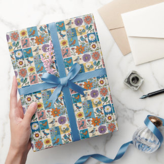 Hippie Folk Art Blommigt lappar med fåglar Presentpapper