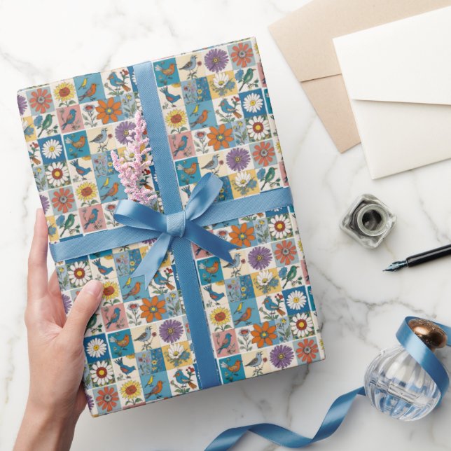 Hippie Folk Art Blommigt lappar med fåglar Presentpapper (Gifting)