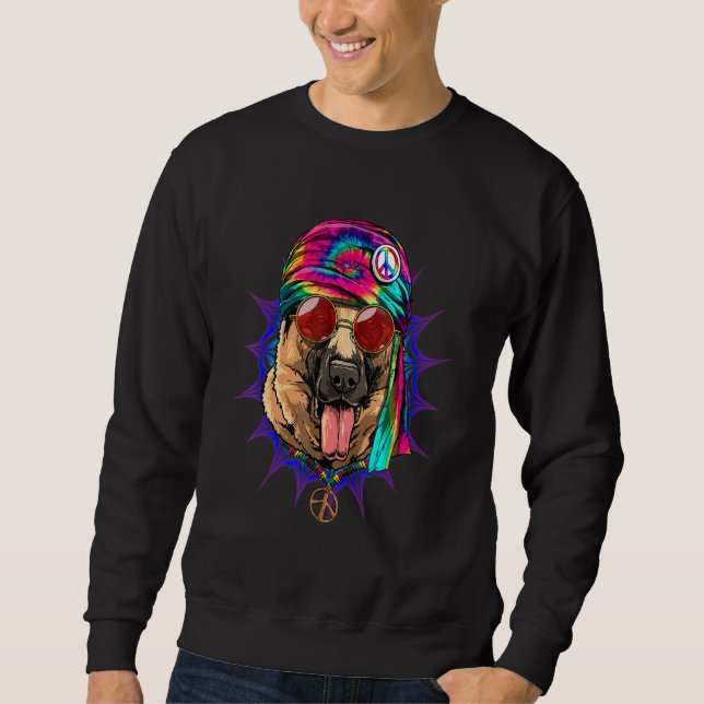 Hippie German Shepherd Tie Dye Peace Sign Psychede Lång Ärmad Tröja (Framsida)