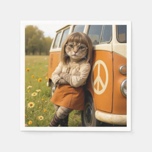Hippie Girl Cat Leaning på en Retro Van Pappersservett