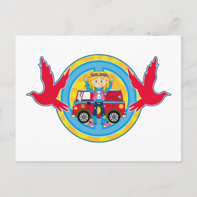 Hippie Girl med Camper Van & Doves Vykort (Framsida)