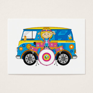 Hippie Girl with Drums and Camper Van Visitkort