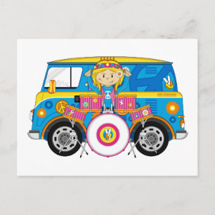 Hippie Girl with Drums and Camper Van Vykort