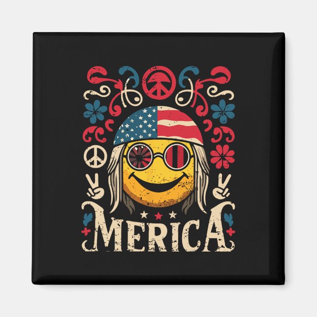 Hippie Groovy Ansikte juli 4:e USA Flagga Groovy D Magnet (Framsidan)