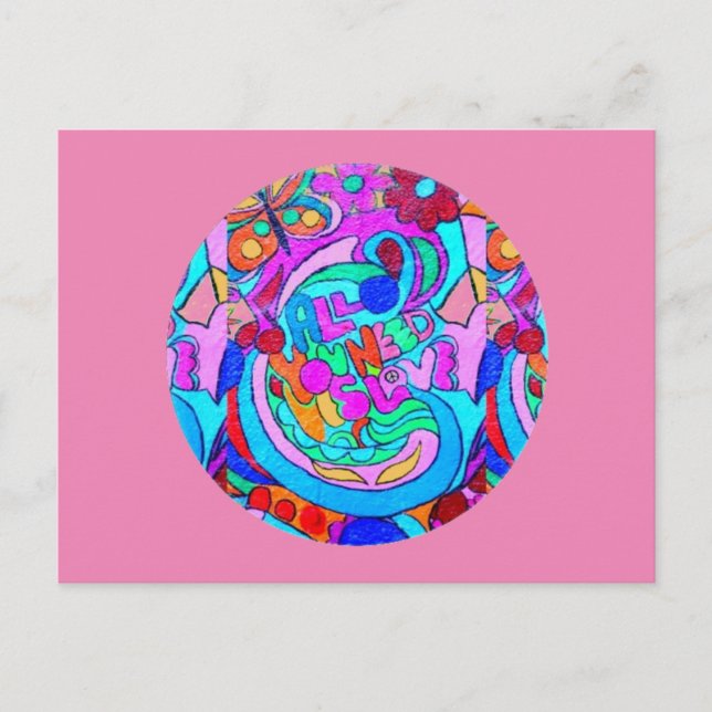 hippie groovy kärlek-rosa vykort (Framsida)