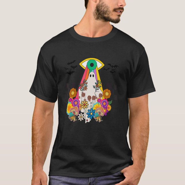 HIPPIE HALLOWEEN CUTE GHOST BLOMMIGT SPOOKY GROOVY T SHIRT (Framsida)