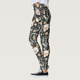 Hippie Halloween Döskallars and Flowers Mönster Leggings