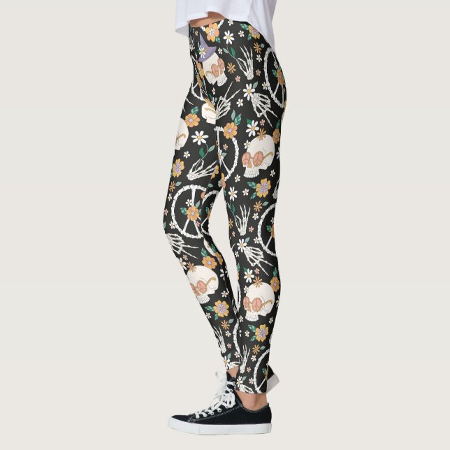 Hippie Halloween Döskallars and Flowers Mönster Leggings (Vänster)
