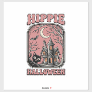 Hippie Halloween Katt Spökhus Vintage Design_ Klistermärken