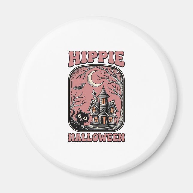 Hippie Halloween Katt Spökhus Vintage Design_ Magnet (Framsidan)