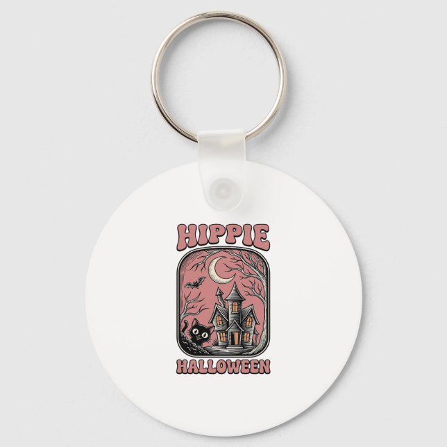 Hippie Halloween Katt Spökhus Vintage Design_ Nyckelring (Framsida)