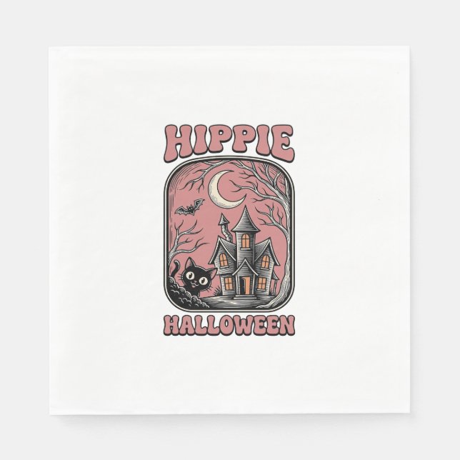Hippie Halloween Katt Spökhus Vintage Design_ Pappersservett (Framsidan)