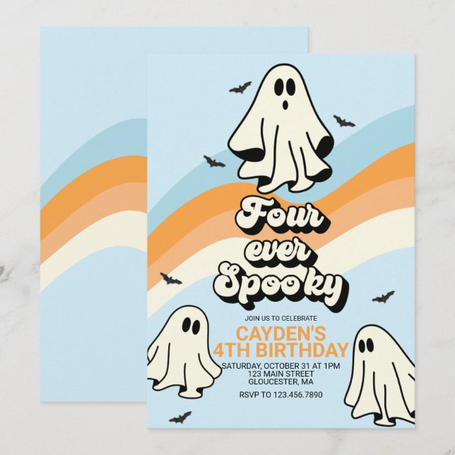 Hippie Halloween Retro Ghost Fyra gånger om gången Inbjudningar (Fram/baksida)