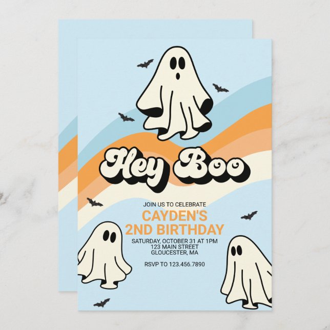 Hippie Halloween Retro Ghost Hej Boo blue Inbjudningar (Fram/baksida)