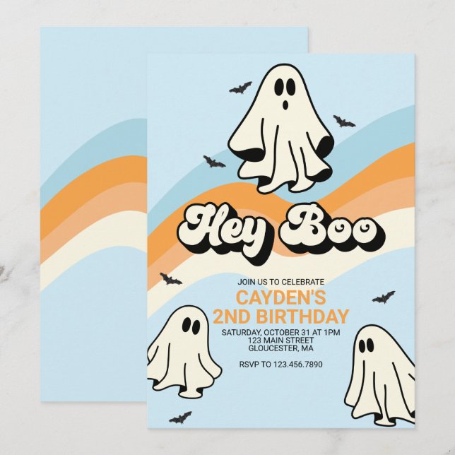 Hippie Halloween Retro Spöke Hej Boo blå Inbjudningar (Fram/baksida)