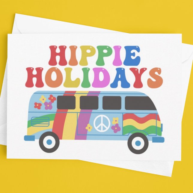 Hippie-Helgdagar Cute Retro 70s färgstark Anpassni Julkort (Skapare uppladdad)