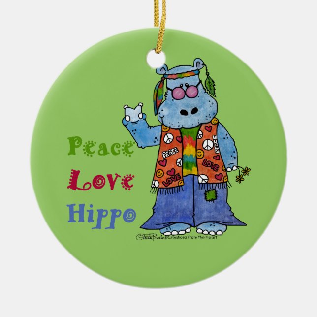 Hippie Hippo-Peace, Kärlek, Hippo Julgransprydnad Keramik (Framsidan)