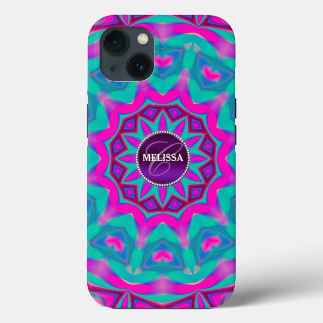 Hippie Kärlek Rosa Aqua Custom Name Fodral (Baksida)