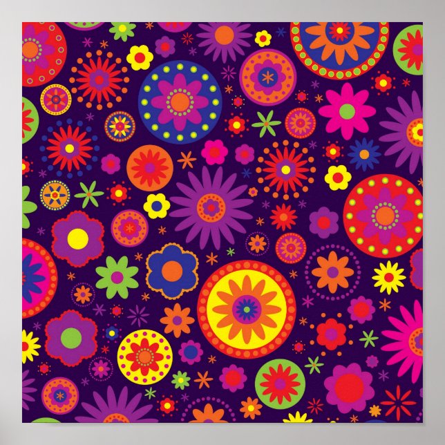 Hippie Lila Rainbow Flowers Poster (Framsidan)