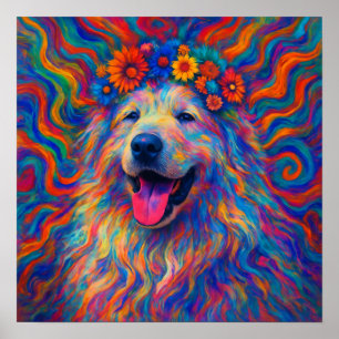 Hippie Lycklig Underbar Pyrenées Hund Art Porträtt Poster