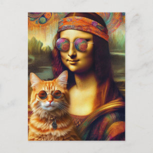 Hippie Mona Lisa och hennes Ginger Cat Vykort