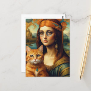 Hippie Mona Lisa och hennes Ginger Cat Vykort