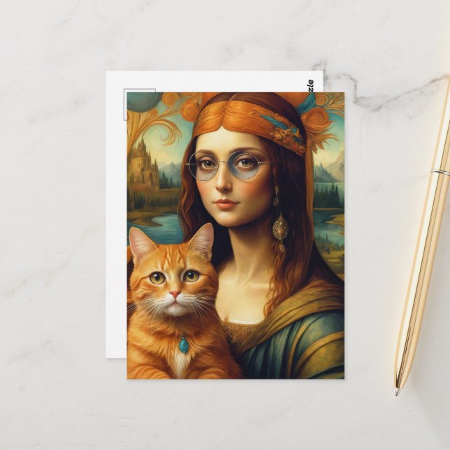 Hippie Mona Lisa och hennes Ginger Cat Vykort (Fram/Back In Situ)