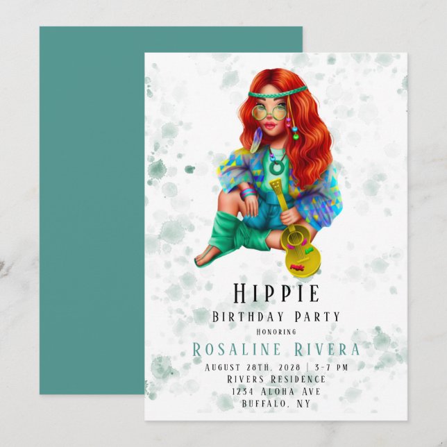 Hippie Pretton Girl Födelsedagsfest Inbjudningar (Fram/baksida)