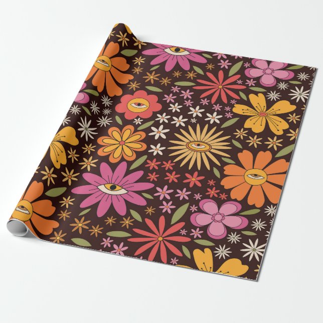 Hippie Psychedelic 70 s Groovy Flowers Öga Mönster Presentpapper (Utrullad)