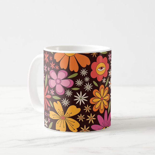 Hippie Psykedelisk 70-tals Groovy Blommönster  Kaffemugg (Framsida vänster)
