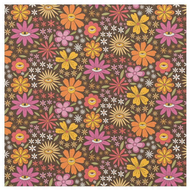 Hippie Psykedelisk 70-tals Groovy Blommönster Tyg (Närbild)