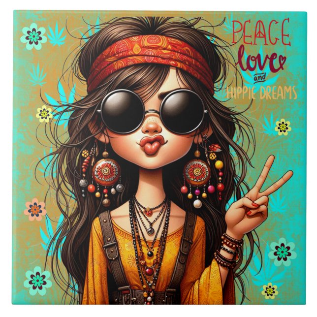 Hippie Quirky Peace & Kärlek Ceramic Tile Kakelplatta (Framsidan)