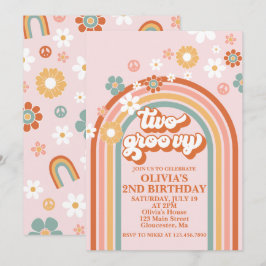 Hippie Rainbow Två Groovy 2-års födelsedagsinbjuda Inbjudningar