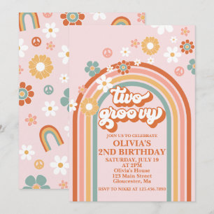 Hippie Rainbow Two Groovy 2:a födelsedagsinbjudan Inbjudningar