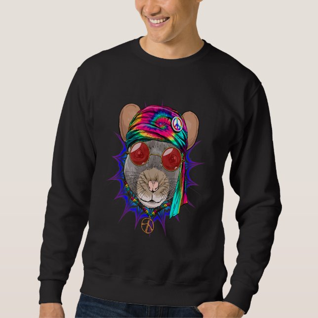 Hippie Råtta Mouse Tie Dye Fredstecken Psychedelic Lång Ärmad Tröja (Framsida)