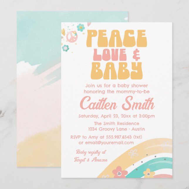 Hippie Retro Baby Shower Groovy Pastels Peace Kärl Inbjudningar (Fram/baksida)
