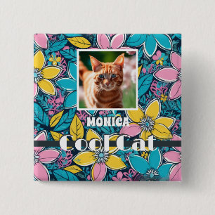 Hippie Retro Blommig Groovy Cool Cat Anpassad Foto Knapp