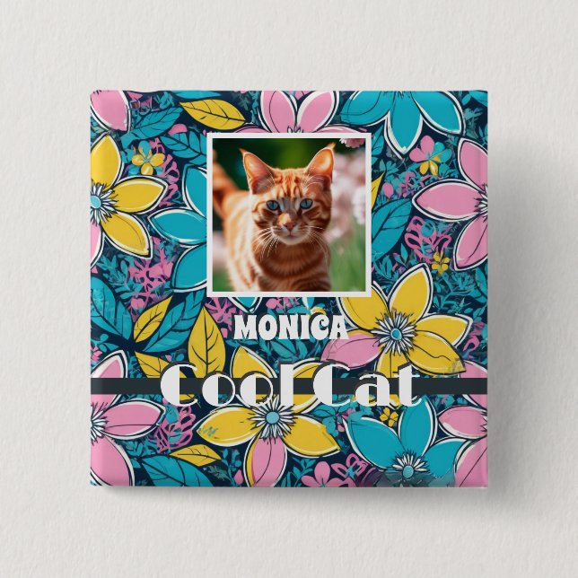 Hippie Retro Blommig Groovy Cool Cat Anpassad Foto Knapp (Framsida)