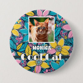 Hippie Retro Blommig Groovy Cool Cat Anpassad Foto Knapp