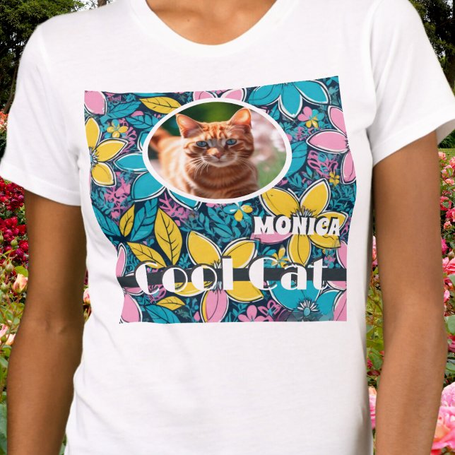 Hippie Retro Flowers Groovy Coola Pet Photo Cat T Shirt (A groovy floral t-shirt to celebrate your Cool Cat, with photo of your pet and their name)