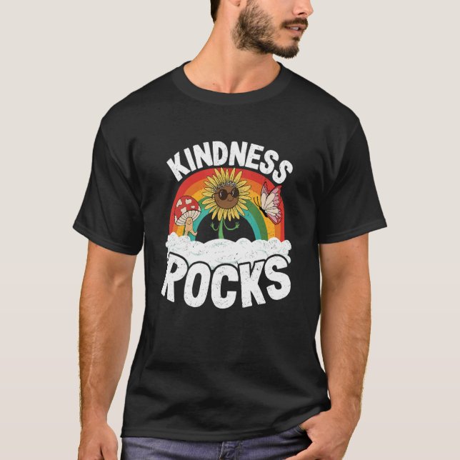 Hippie Retro Teacher Anti Bullying Rainbow Kindnes T Shirt (Framsida)