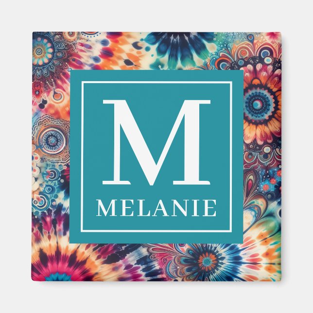 Hippie Retro Tie-Dye Monogrammed Magnet (Framsidan)