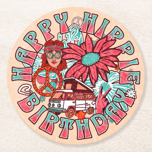 Hippie Retro Vintage Färg födelsedag Underlägg Papper Rund (Framsidan)
