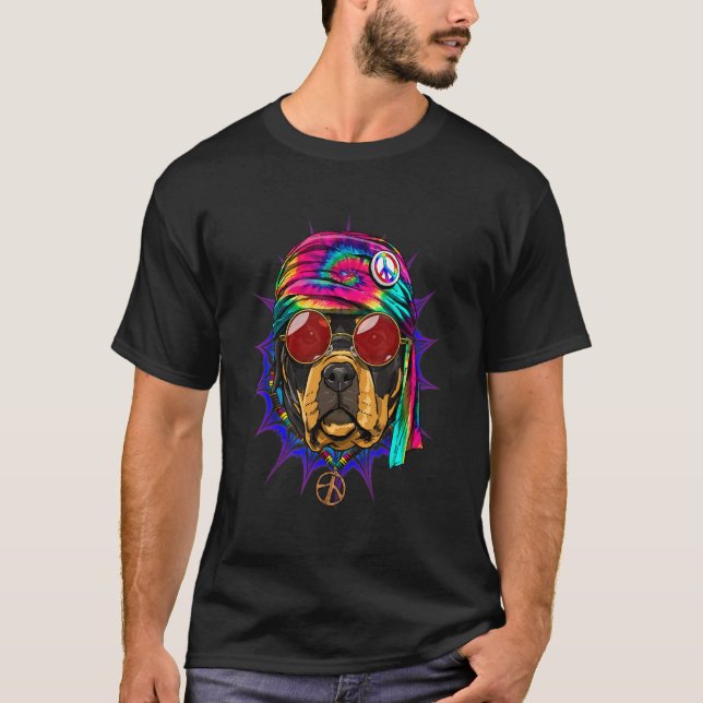 Hippie Rottweiler Tie Dye Peace Sign Psychedelic D T Shirt (Framsida)