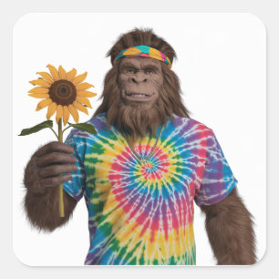 Hippie Sasquatch in Tiedye with Solros Fyrkantigt Klistermärke