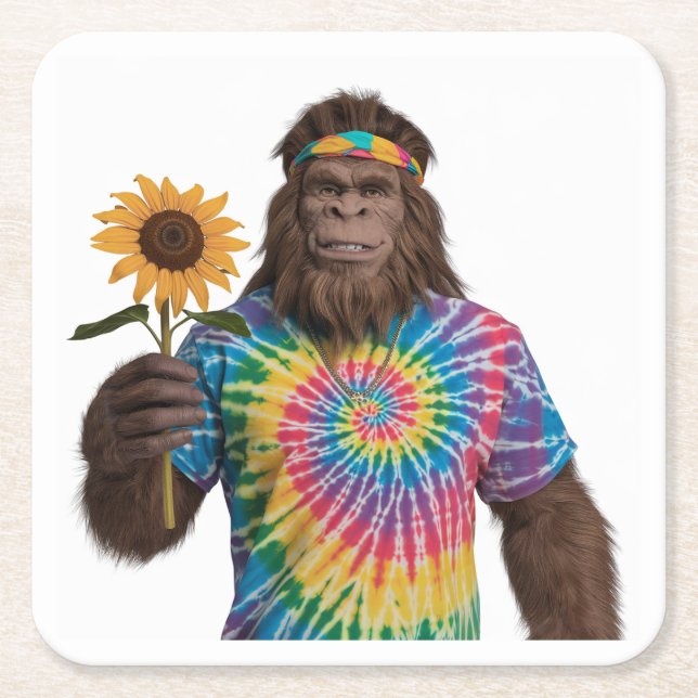 Hippie Sasquatch in Tiedye with Solros Underlägg Papper Kvadrat (Framsidan)