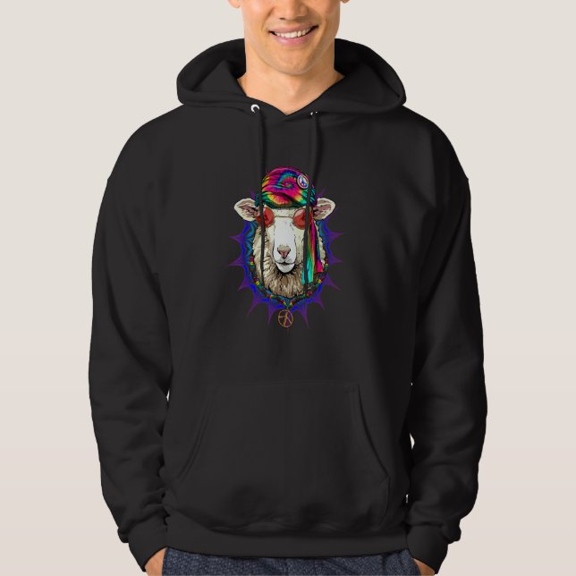 Hippie Sheep Lamb Tie Dye Peace Sign Psychedelic F Hoodie (Framsida)