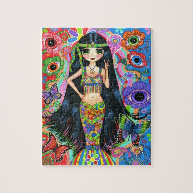 Hippie Sjöjungfru Girl med Öga Flowers Puzzle Pussel (Vertikal)