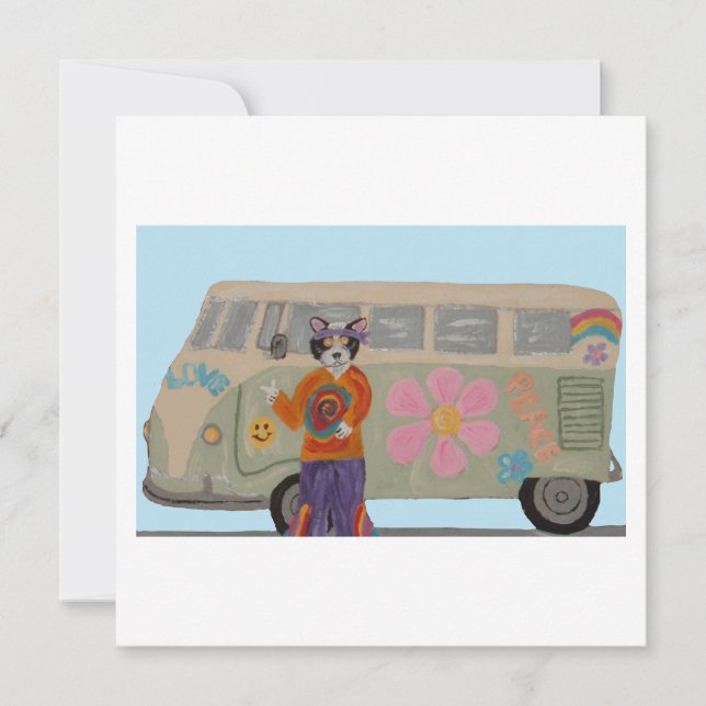 Hippie Smoking Cat med Flower Child Van  Inbjudningar (Framsida)
