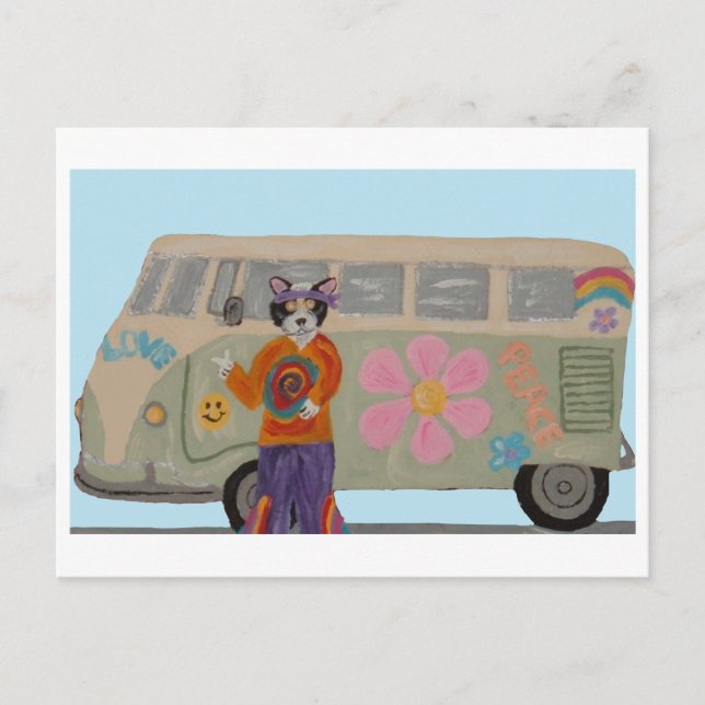 Hippie Smoking Cat med Flower Child Van  Vykort (Framsida)